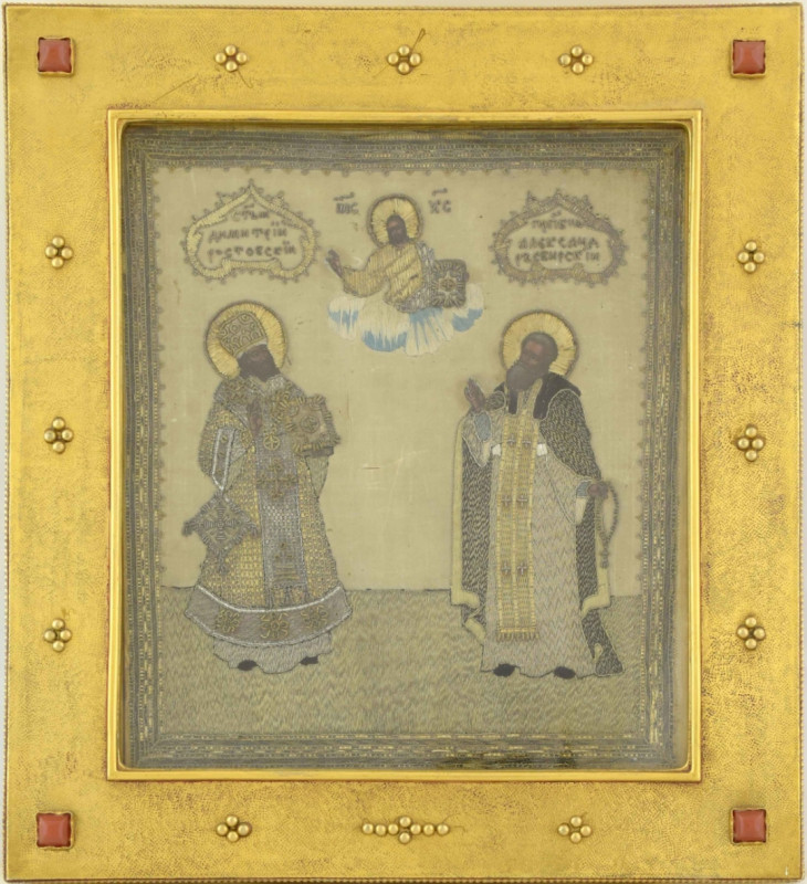 Antique 19c 84 Silver Russian Embroidery icon of Dmitry Rostovsky & Alexander Svirskiy (13681)