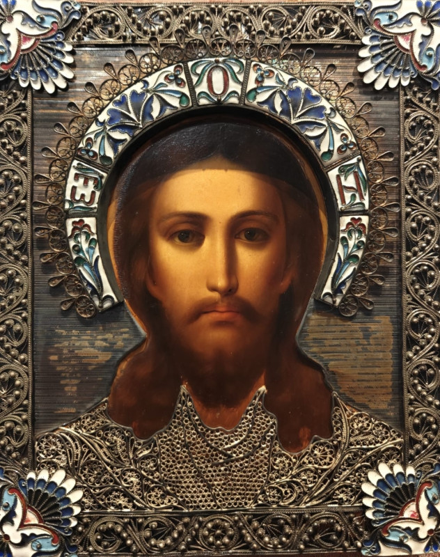 Antique 19c 84 Silver Enamel Russian icon of Christ Mandylion (627)