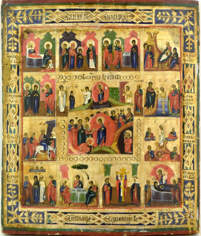 Antique 19c Russian Icon of Resurrection and Feast (15140)