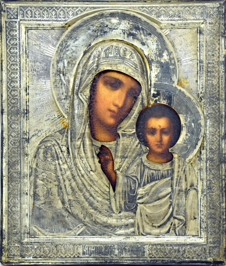 Antique 19c 84 Silver Russian icon of Kazan (14603)