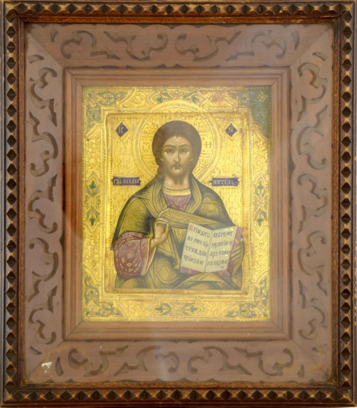 Antique 19c Russian Icon of the Christ Almighty & Kiot (15088)