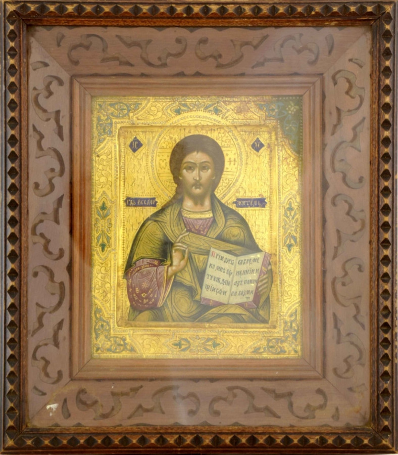 Antique 19c Russian Icon of the Christ Almighty & Kiot (15088)