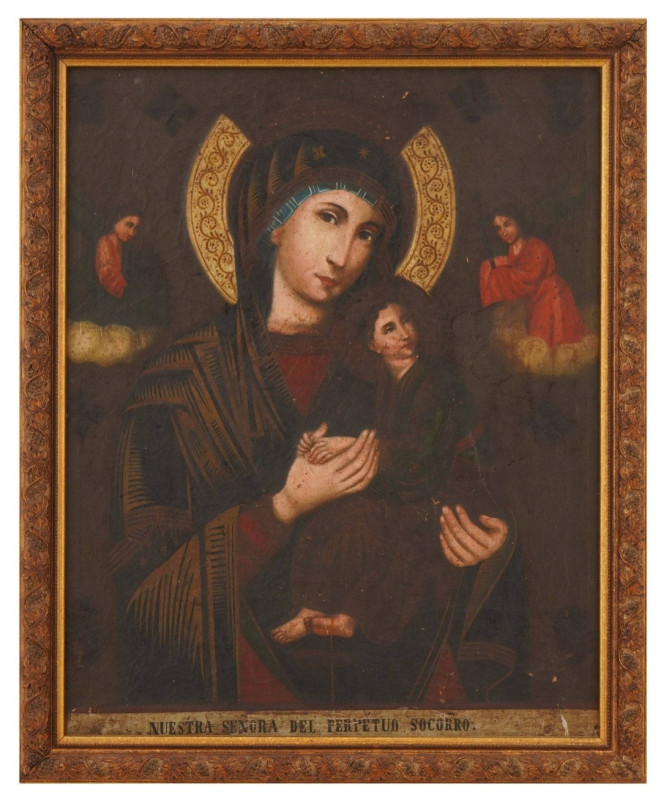 Antique 18c Spanish Madonna & child oil on canvas (8586)