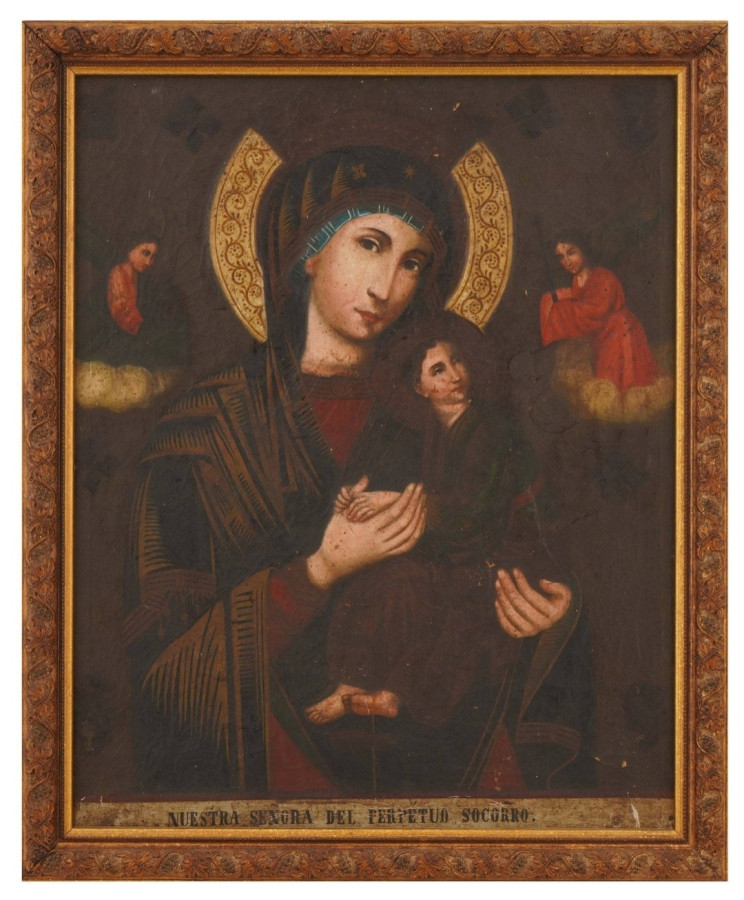 Antique 18c Spanish Madonna & child oil on canvas (8586)